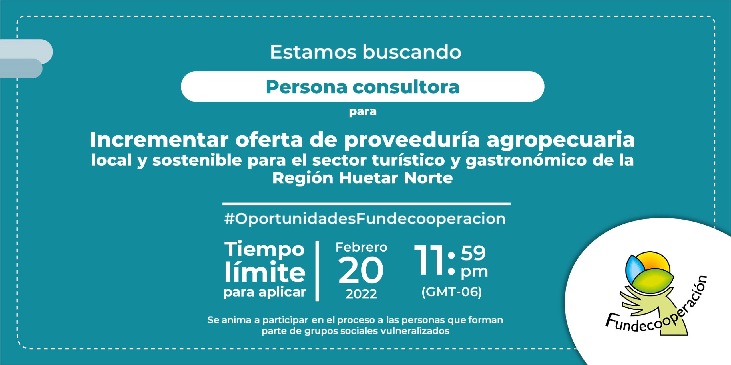 Estamos buscando una persona consultora para Incrementar oferta de proveeduría agropecuaria local y sostenible para el sector turístico y gastronómico de la Región Huetar Norte. La fecha límite para aplicar es el 20 de febrero del 2022 a las 11:59pm